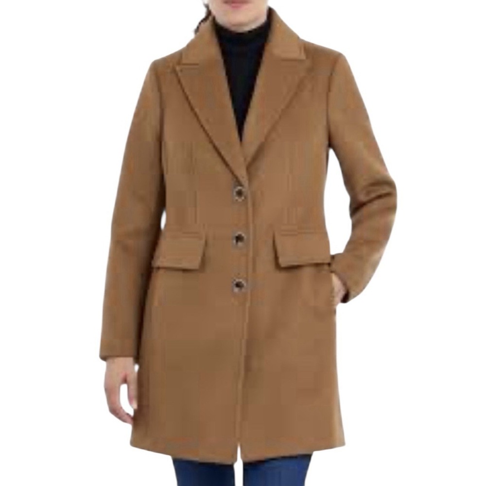 MICHAEL KORS trench coat women's Large Dark Camel Wool Blend Outdoor Career NWOT